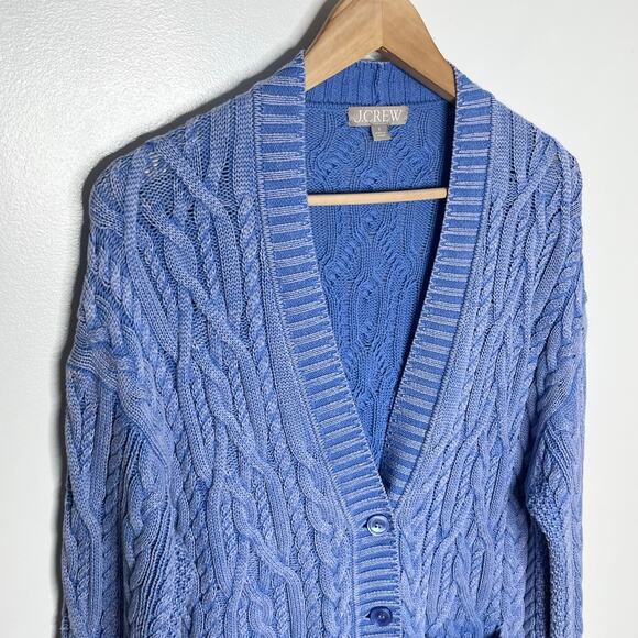 J. Crew Cable Knit Cardigan Sweater Womens Small Blue V Neck Long Pockets Cotton - Picture 4 of 9